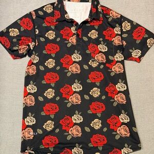 BYLT Basics Black and Red Floral Polo